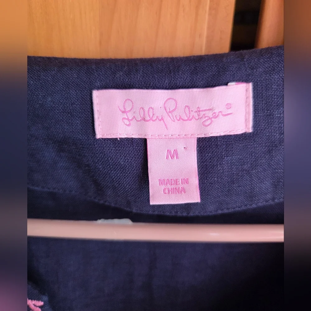 Lily Pulitzer Navy Blue Linen Tunic With Pink Embroidery Size Medium - Picture 2 of 8